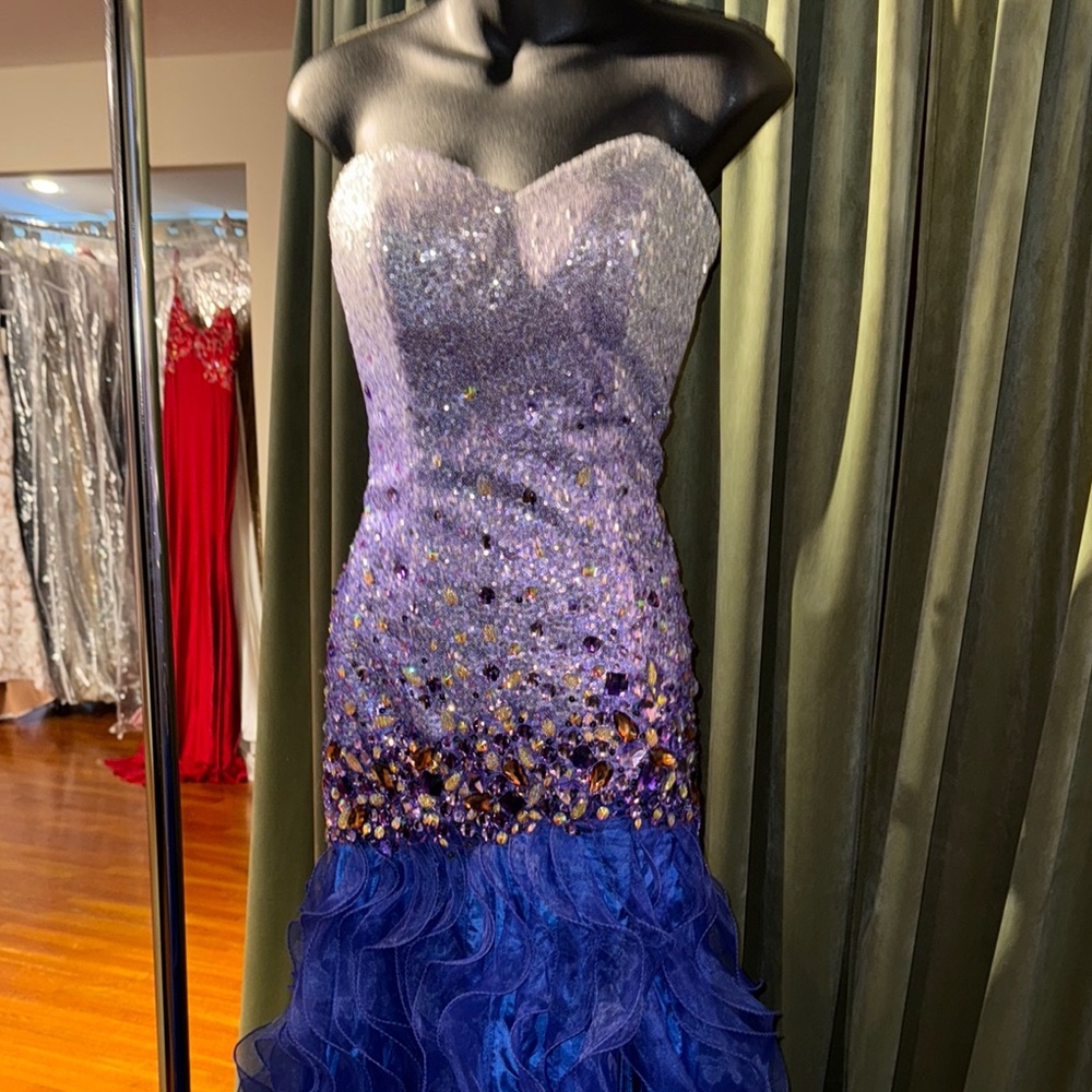 Indigo Strapless Sequin and Ruffle prom Gown - Picture 4 of 7